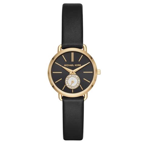 michael kors watches women's petite portia three-hand black leather watch|Ladies' Michael Kors Petite Portia Black Leather Strap Watch .